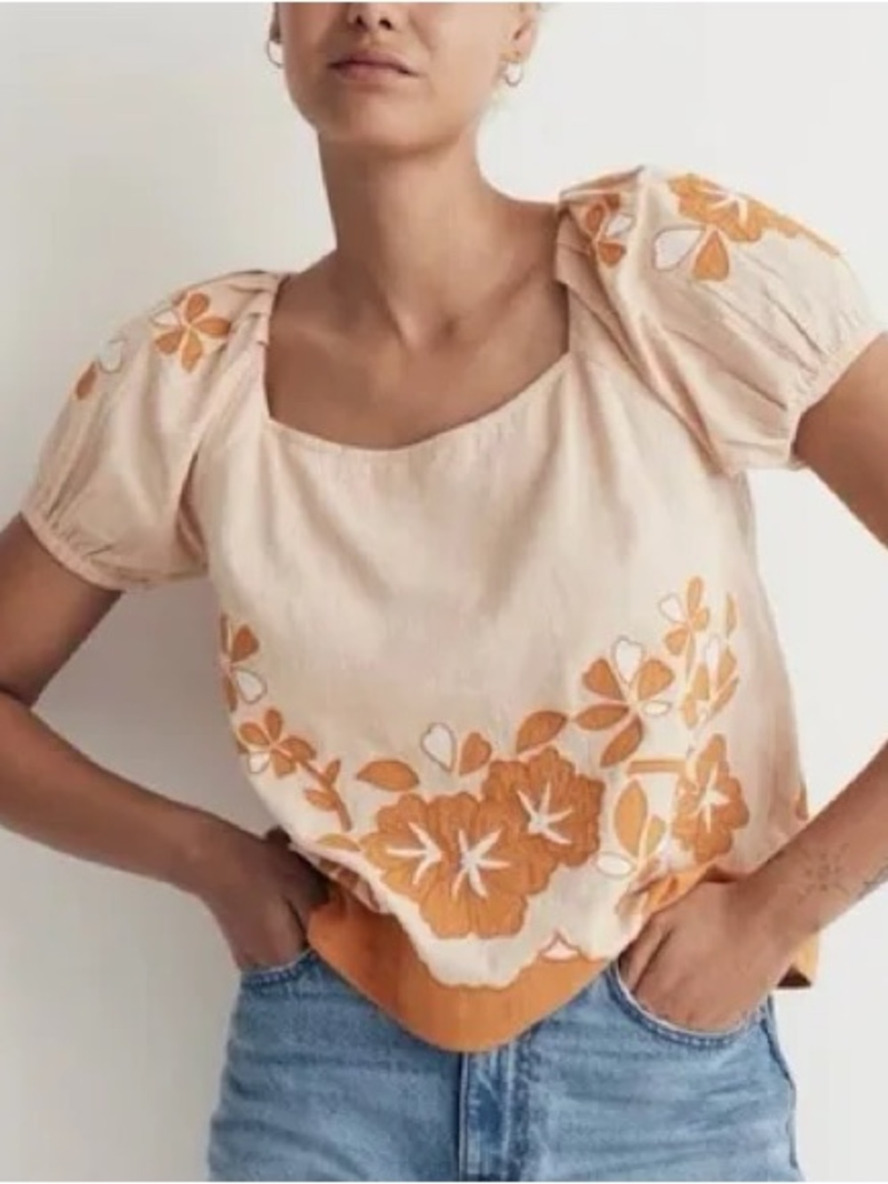 Madewell Peach Blouse with Orange Floral Embroidery